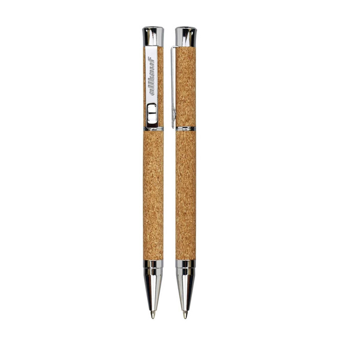 A Cork Pen with a textured cork body and chrome accents, featuring a sleek design and a logo. A Cork Pen with a textured cork body and chrome accents, featuring a sleek design and a logo.