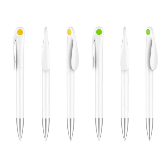 A collection of six creamy white pens with coloured clips in yellow and green, featuring silver accents and a logo.