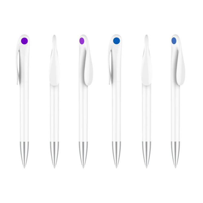 A set of plastic pens featuring a creamy white barrel with purple and blue accents on the clips.