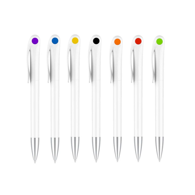 A collection of creamy white barrel pens with various coloured tops and silver accents, featuring a logo.