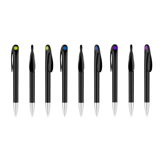 A set of black barrel pens with coloured accents on the clips and silver tips. Features a logo on some pens.