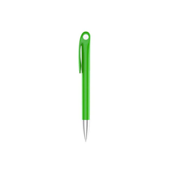 A plastic pen with a bright green barrel and a silver tip, featuring a clip and a logo.