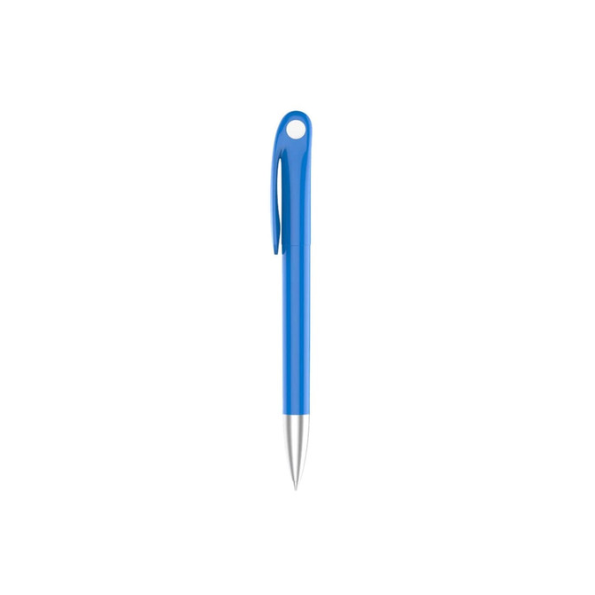 A blue plastic pen with a silver tip and a clip, featuring a logo on the barrel.