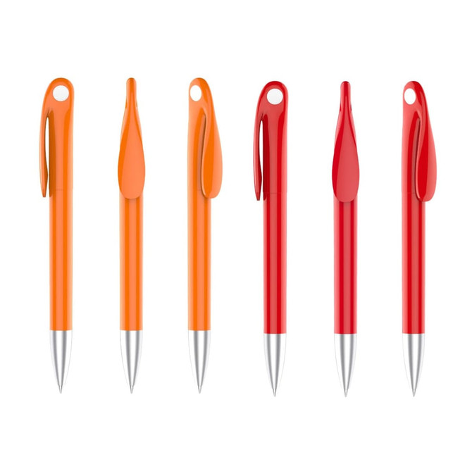 A collection of plastic pens in orange and red with shiny silver tips and matching clips.