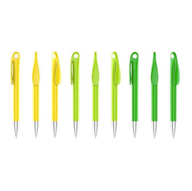 A collection of pens with colour barrels in yellow, light green, and dark green, featuring silver tips and a logo.