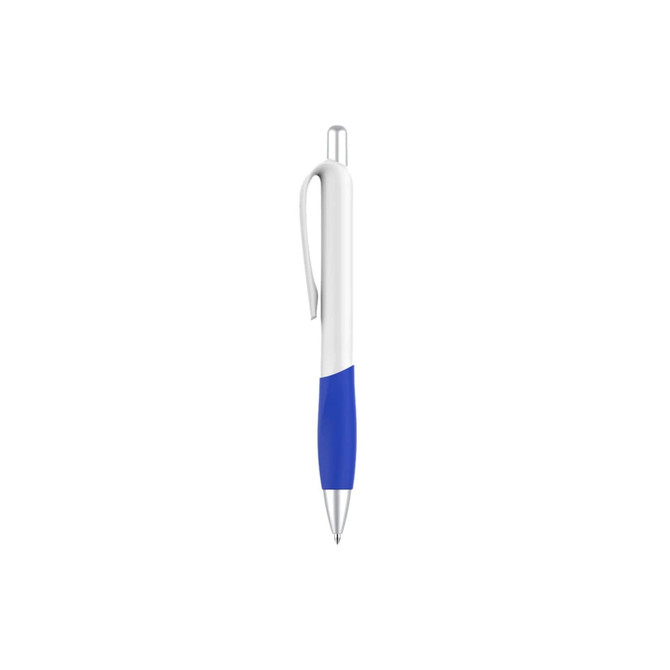 A plastic pen with a creamy white barrel and blue grip. It features a clip and a shiny silver tip.
