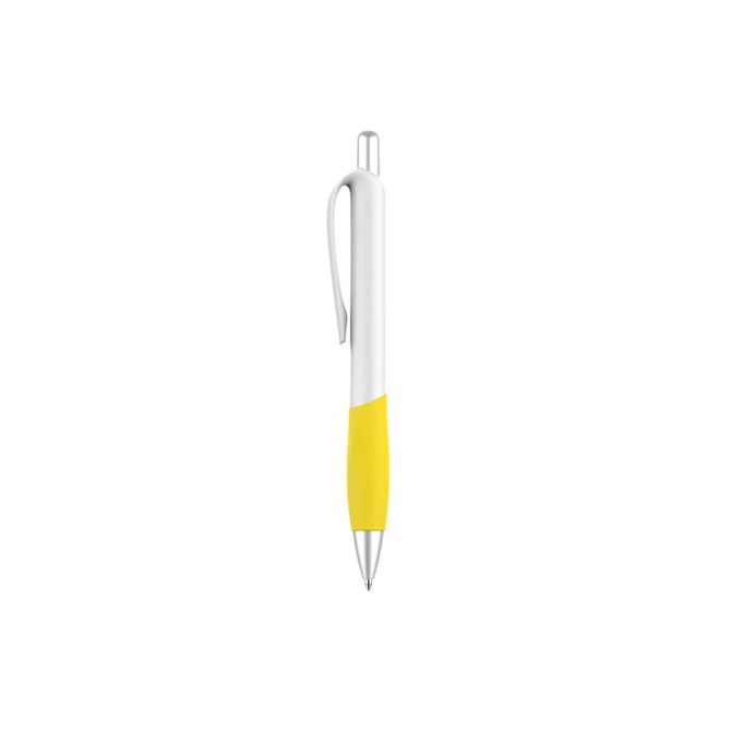 A plastic pen with a creamy white barrel and a bright yellow grip, featuring a clip and a logo.