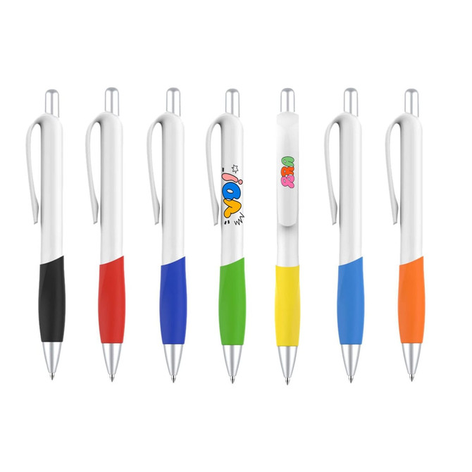 A selection of plastic pens with creamy white barrels and various coloured accents and designs.