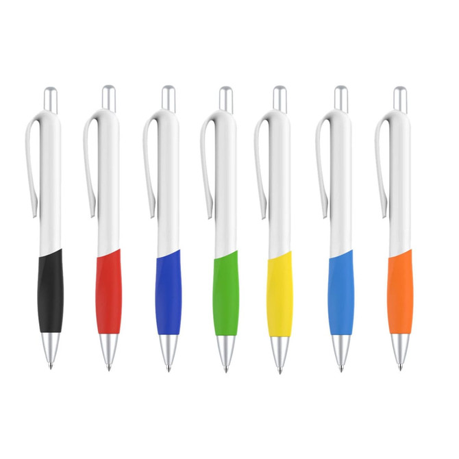 A selection of plastic pens featuring creamy white barrels with various coloured grips: black, red, blue, green, yellow, and orange.
