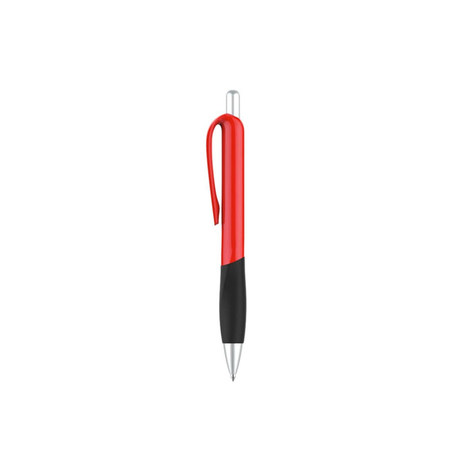 A red plastic pen with a black grip and a silver clip. It features a branding logo.