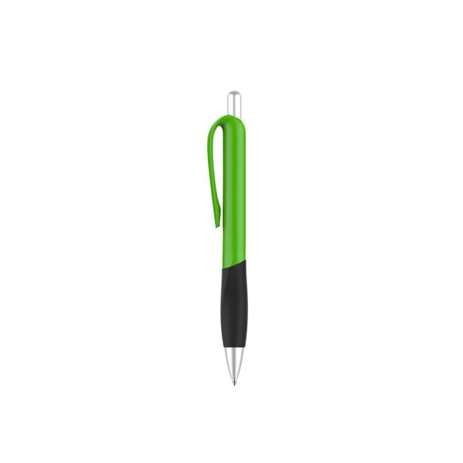 A plastic pen with a green barrel and black grip. The pen features a clip and has a logo.