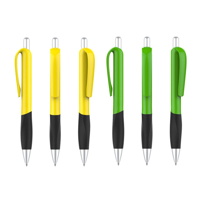 A collection of plastic pens featuring yellow and green barrels with black grips, displaying a logo on each.