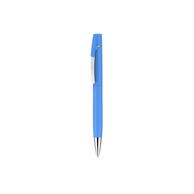 A blue pen with a silver clip and a smooth body, featuring a logo on the barrel. A blue pen with a silver clip and a smooth body, featuring a logo on the barrel.