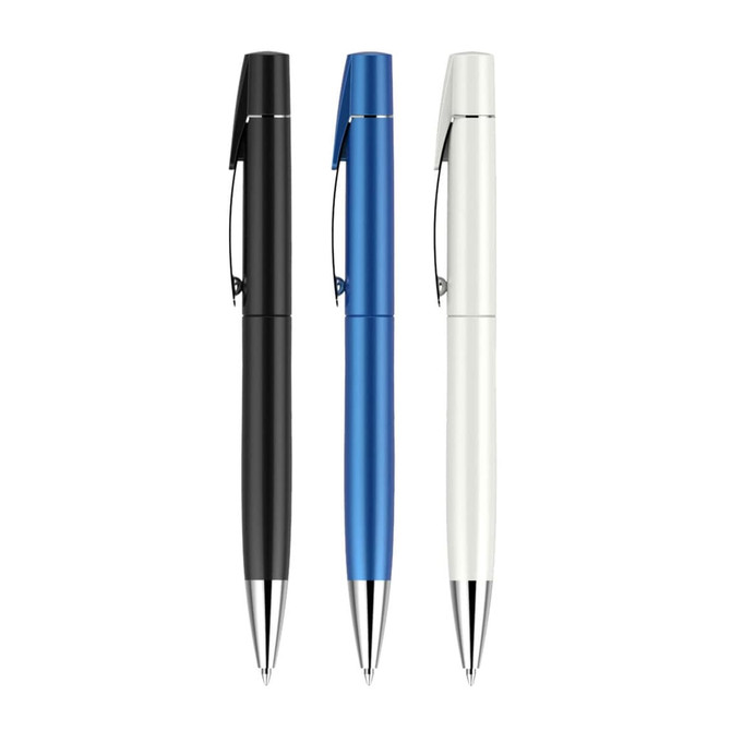 Three pens in black, blue, and white with a spray finish, each featuring a clip and metallic accents.