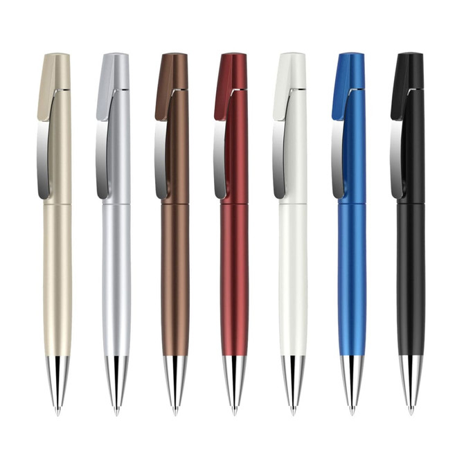 A selection of eight pens in gold, silver, bronze, white, red, blue, and black, featuring a logo.
