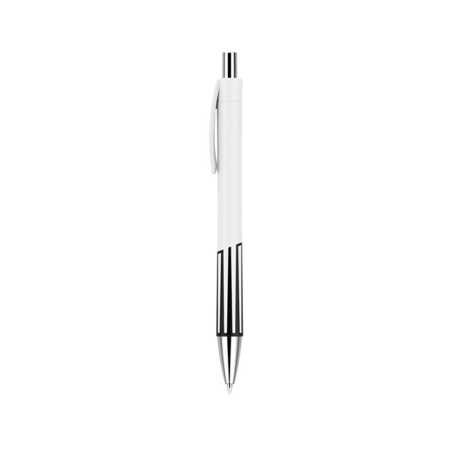 A plastic pen with a creamy white barrel and black accents, featuring a silver tip and clip.