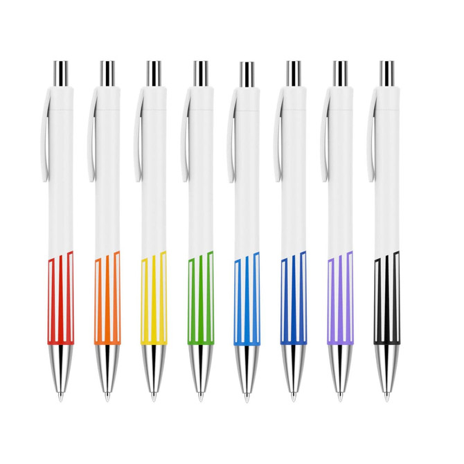 A set of eight colourful pens with creamy white barrels, featuring different vibrant colours at the base and silver accents.