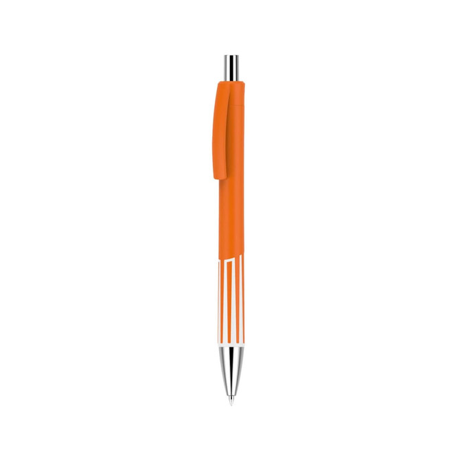 A plastic pen with a vibrant orange barrel and a silver tip, featuring a clip and a logo. A plastic pen with a vibrant orange barrel and a silver tip, featuring a clip and a logo.