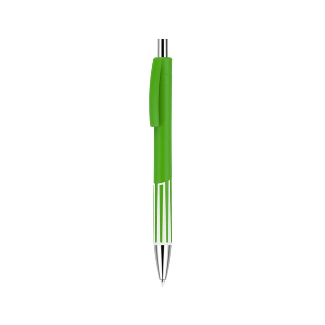 A green plastic pen with a silver tip and clip. The pen features a vibrant colour barrel design. A green plastic pen with a silver tip and clip. The pen features a vibrant colour barrel design.