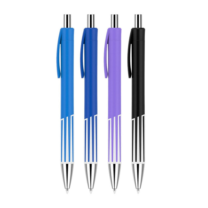 Four plastic pens with colourful barrels in blue, purple, and black, featuring silver accents and a logo. Four plastic pens with colourful barrels in blue, purple, and black, featuring silver accents and a logo.
