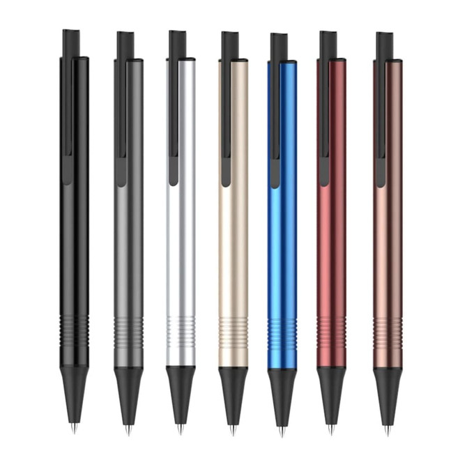 A collection of eight Sword Pens in black, silver, gold, blue, red, and rose gold, featuring a sleek design and clips. A collection of eight Sword Pens in black, silver, gold, blue, red, and rose gold, featuring a sleek design and clips.