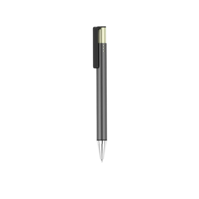 A sleek black pen with a metallic gold end and a clip, featuring a simple design and a shiny silver nib.
