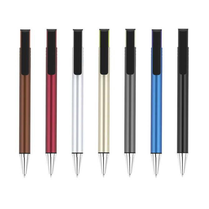 A collection of pens in brown, red, silver, gold, grey, blue, and black, featuring a sleek design and a logo.