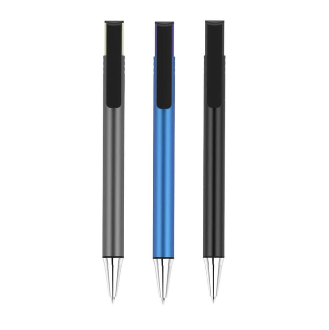 A set of three pens in grey, blue, and black, featuring a sleek design and clips. Each pen has a discreet logo.