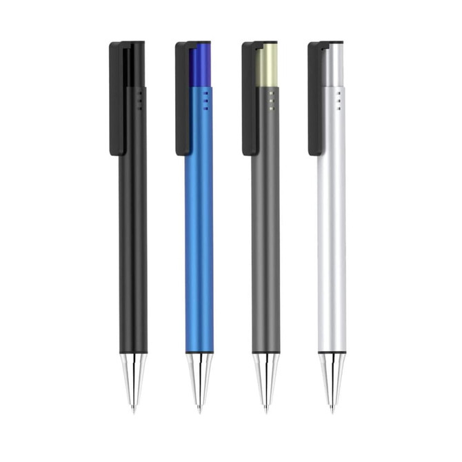 Four "Grace Pens" in black, blue, grey, and silver, featuring sleek designs with clips and a logo on the barrel.