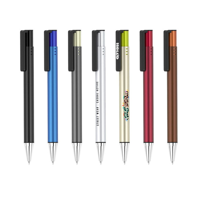 A collection of metal pens in various colours, including blue, green, silver, red, orange, and brown, with branding on some.