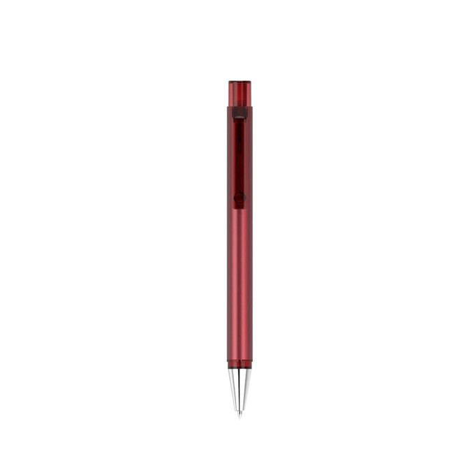 A red flat pen with a sleek body and a silver tip, featuring a logo on its surface.