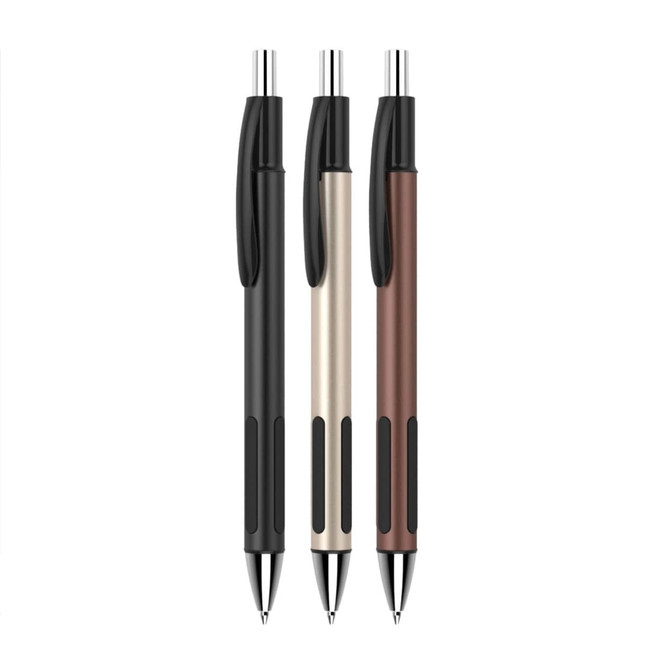 A set of three plastic pens in black, cream, and brown, featuring a logo on the side.