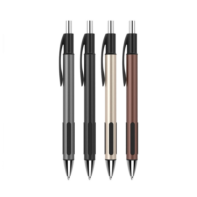 A set of four plastic pens in black, grey, gold, and brown, featuring a logo on the barrel.