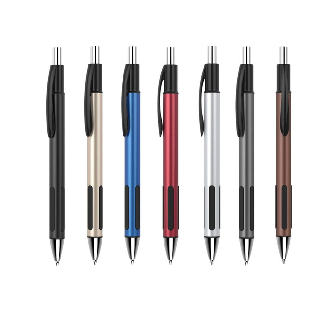 A selection of plastic pens in black, gold, blue, red, silver, grey, and brown, featuring a logo on each.