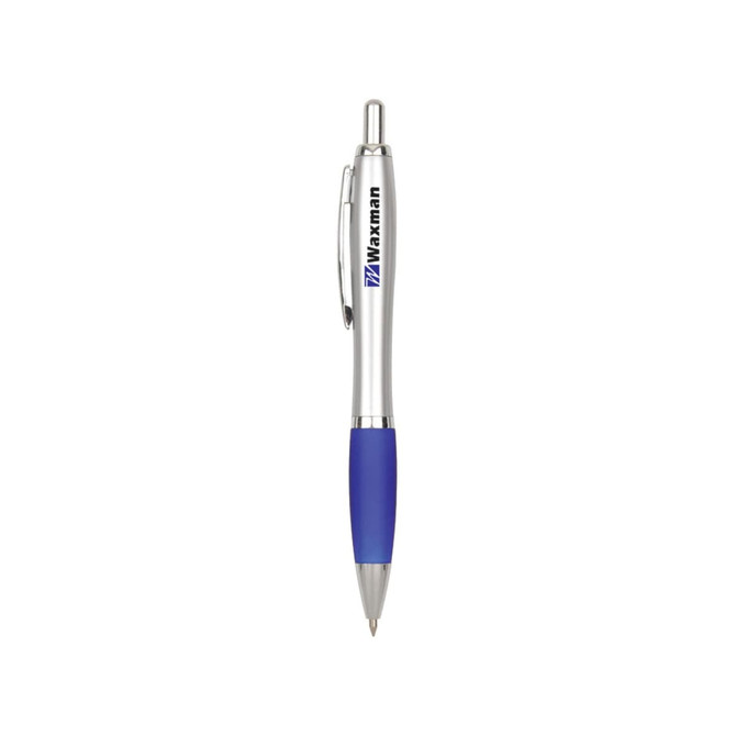 A silver metal pen with a blue grip and a clip, featuring a logo on the side.