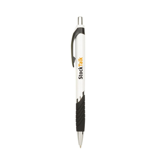 A plastic ballpoint pen with a white barrel, black grip, silver accents, and a logo.