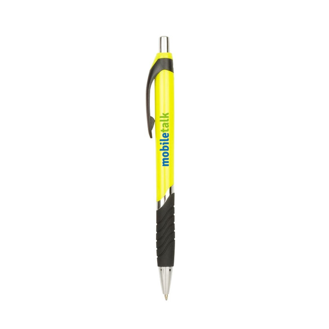 A yellow barrel ballpoint pen with a black grip and a logo on the side.
