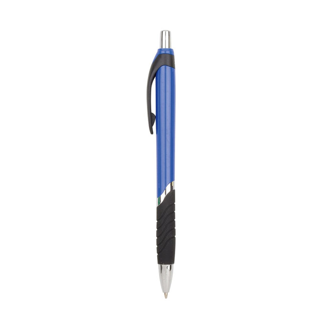 A blue plastic barrel ball pen with a black grip and a silver clip. It features a logo.