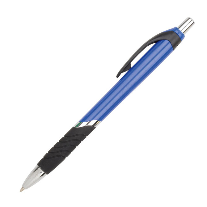 A blue barrel ball pen with a black grip and a polished silver tip. The pen features a logo.