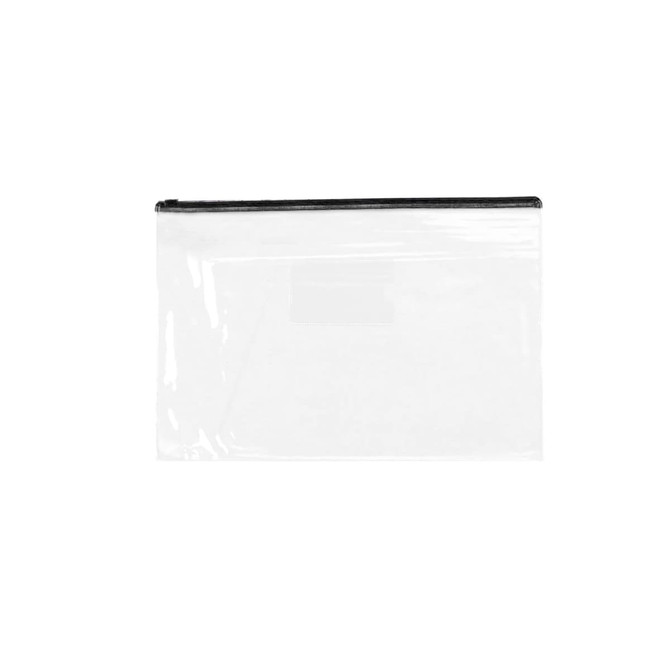 A transparent A4 file bag with a black zip closure and no visible contents.
