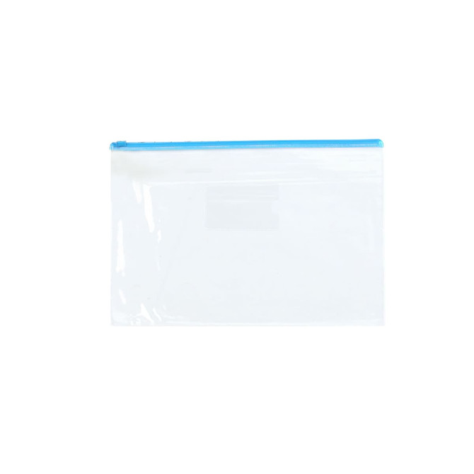 A transparent A4 file bag with a blue zip closure, suitable for storing documents and papers.