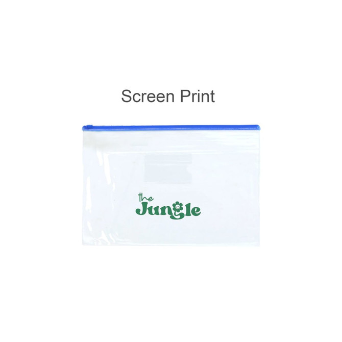 A transparent A4 file bag with a blue zipper and a green logo. Ideal for storing documents.