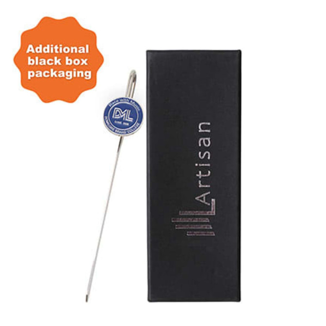 A sleek metal bookmark in silver, packaged in a black box with a logo.