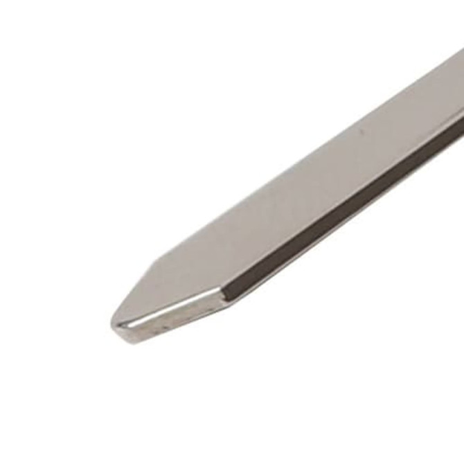 A metal bookmark with a sleek, silver design featuring a pointed end for easy page marking.