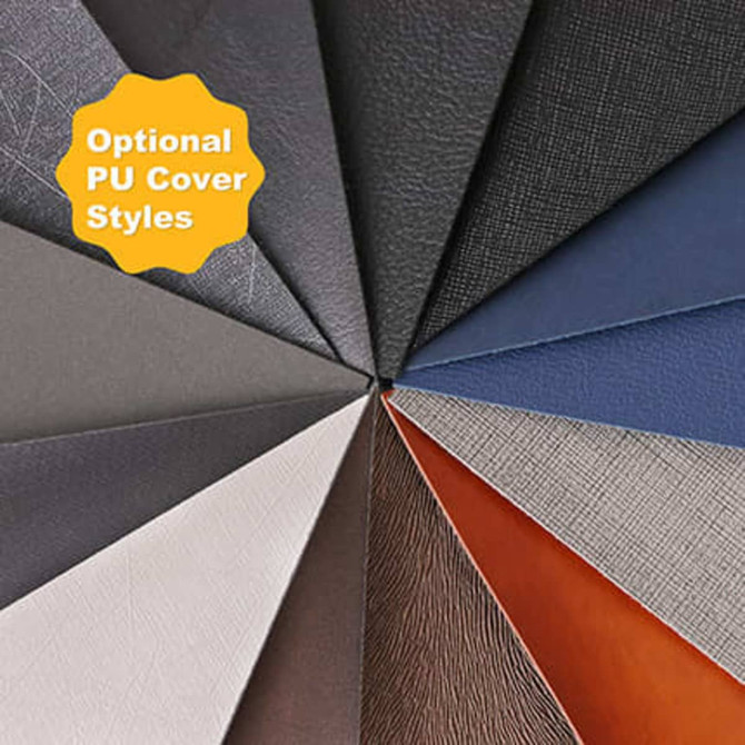 A selection of PU cover styles in various colours, including grey, navy, white, brown, and orange. A selection of PU cover styles in various colours, including grey, navy, white, brown, and orange.