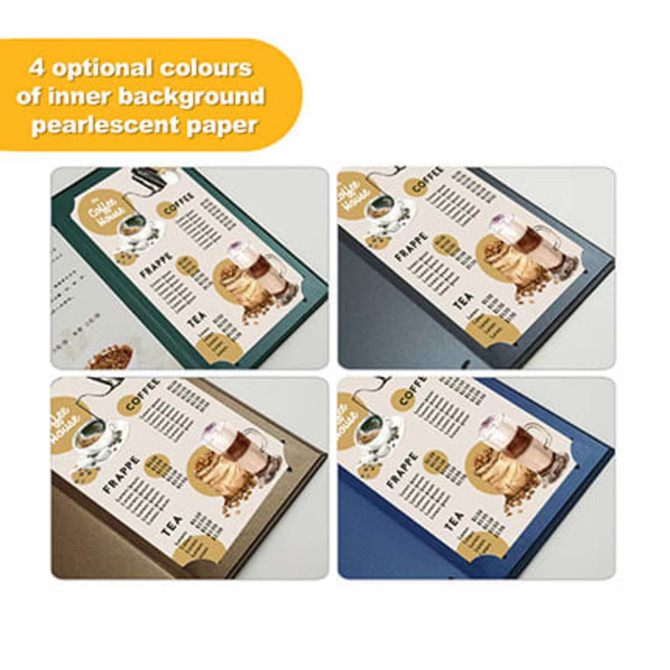 Custom menus displayed in four optional colours of inner background: green, brown, blue, and white. Each features a logo. Custom menus displayed in four optional colours of inner background: green, brown, blue, and white. Each features a logo.