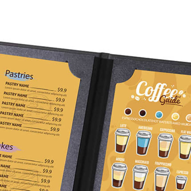 A black menu cover featuring a vibrant yellow coffee guide and a list of pastries with prices. A black menu cover featuring a vibrant yellow coffee guide and a list of pastries with prices.