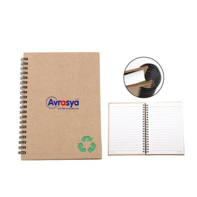 A brown spiral-bound notebook with a logo, featuring lined pages and a green recycling symbol.