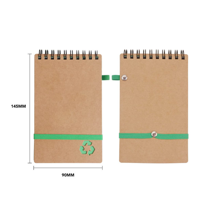 A brown spiral notebook with an elastic band and a green logo, measuring 145mm by 90mm.