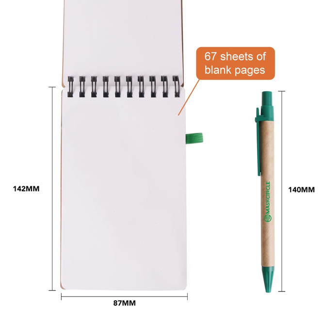 A spiral notebook with 67 blank pages and a green ballpoint pen, featuring a logo.